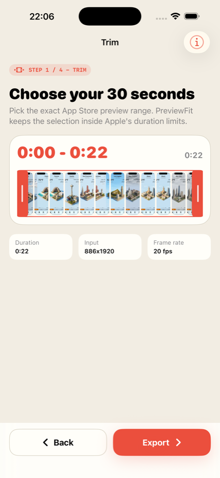 Preview Fit trim screen for selecting the strongest moment