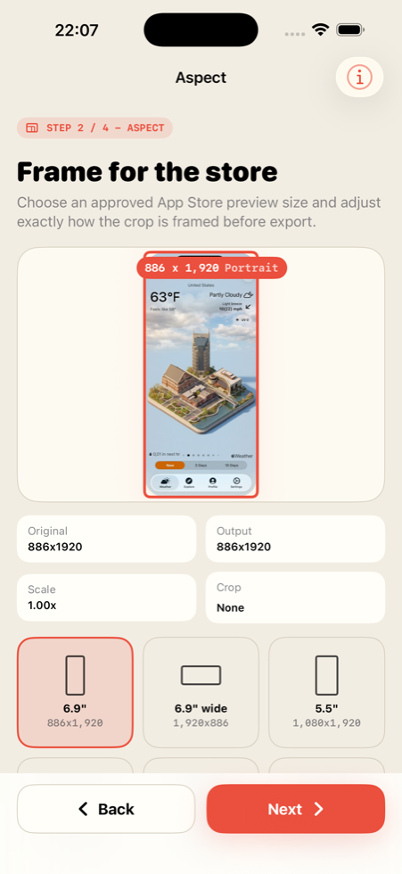 Preview Fit aspect framing screen with App Store preview options